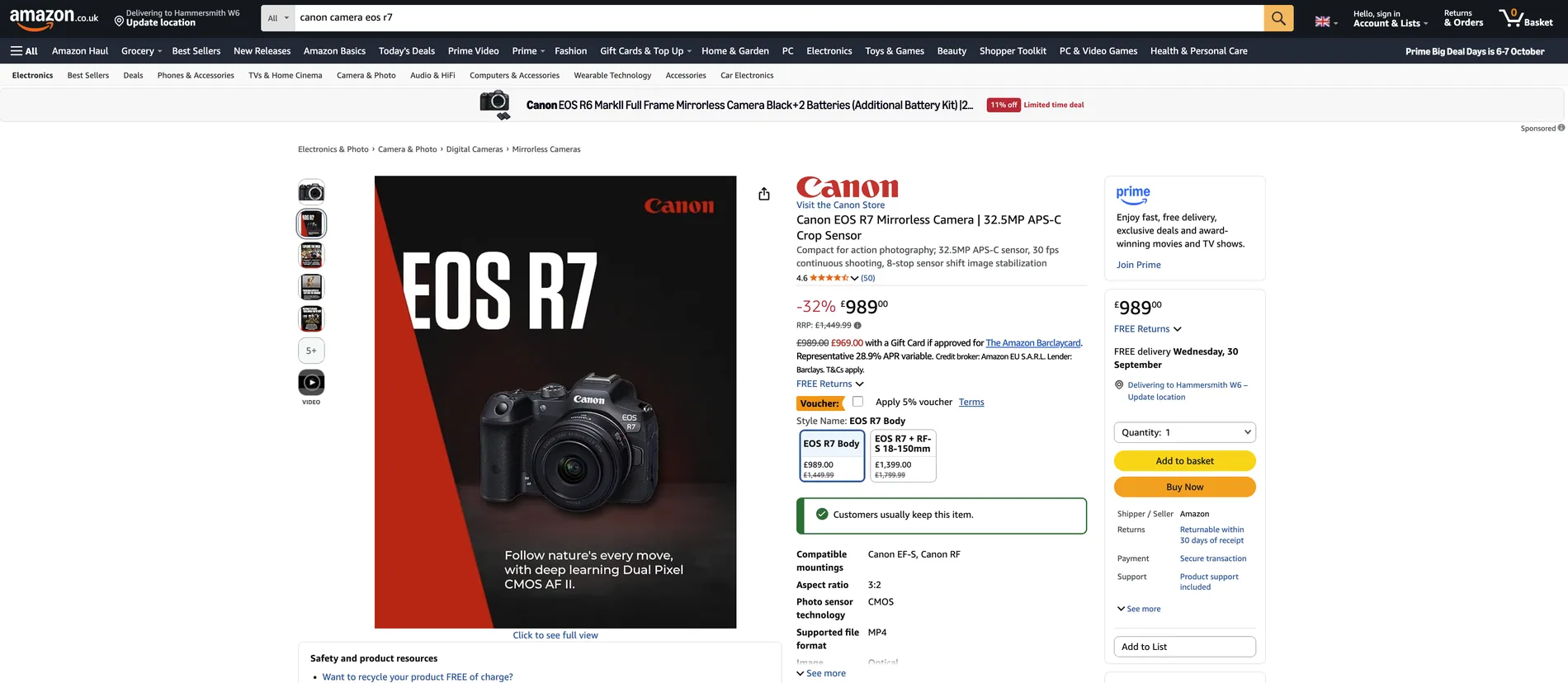 The live Amazon listing for the Canon EOS R7, showing the red and black A+ hero as the main gallery image, a strip of module thumbnails down the left, and the price and buy box on the right