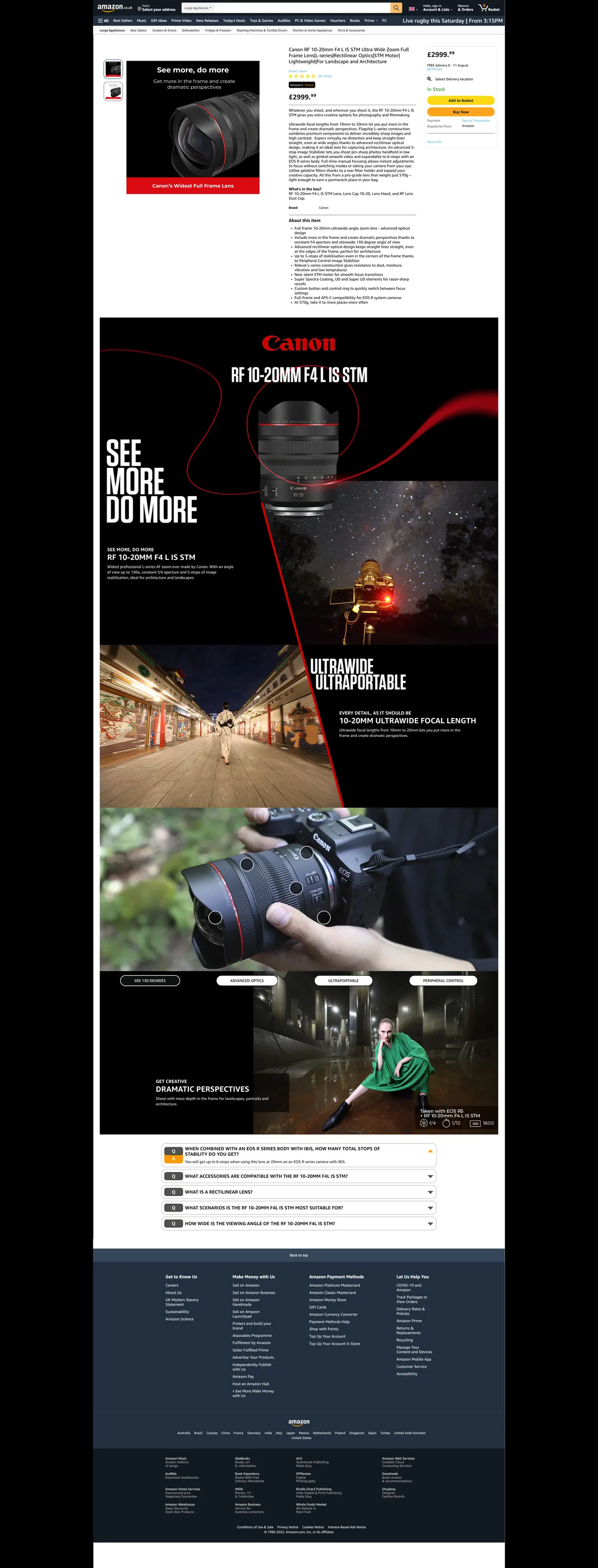 The full Amazon product page for the Canon RF 10-20mm F4 L IS STM, from the Amazon navigation, gallery and buy box at the top, through the A+ content block with its black hero panel and red ribbon, down to the questions section and the Amazon footer