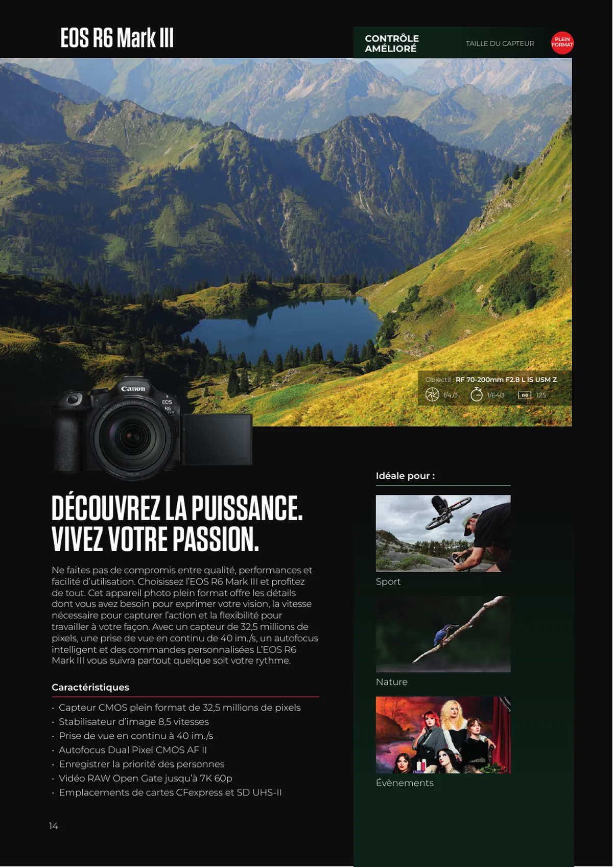 The EOS R6 Mark III page: a mountain lake photograph across the top, the camera cut out over it, a headline, a feature list and three ideal-for thumbnails down the right