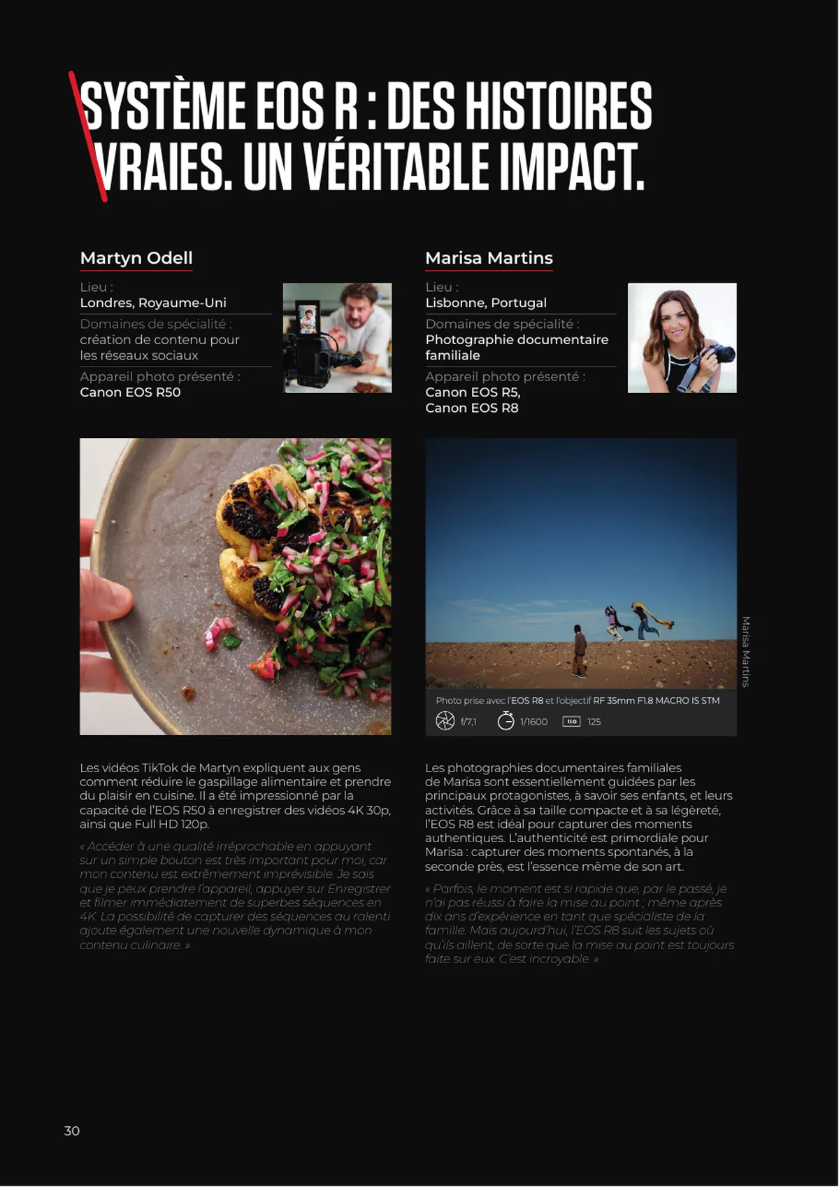 The creator stories page: two photographers with portrait, location, speciality and camera listed, each with a full-width example of their own work and a pull quote