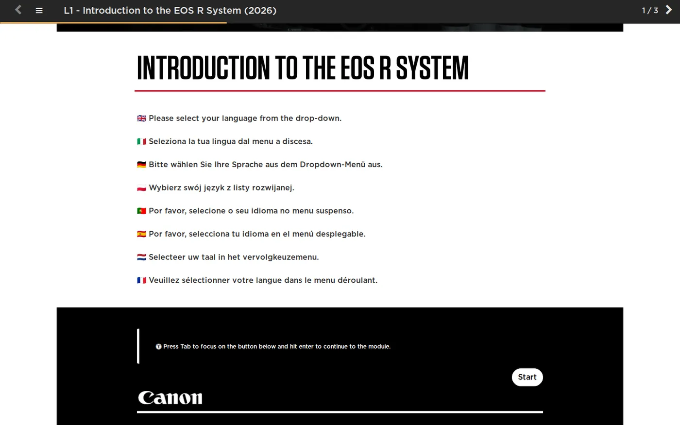 The opening screen of the Introduction to the EOS R System module, listing the same instruction to choose a language in English, Italian, German, Polish, Portuguese, Spanish, Dutch and French, each with its flag