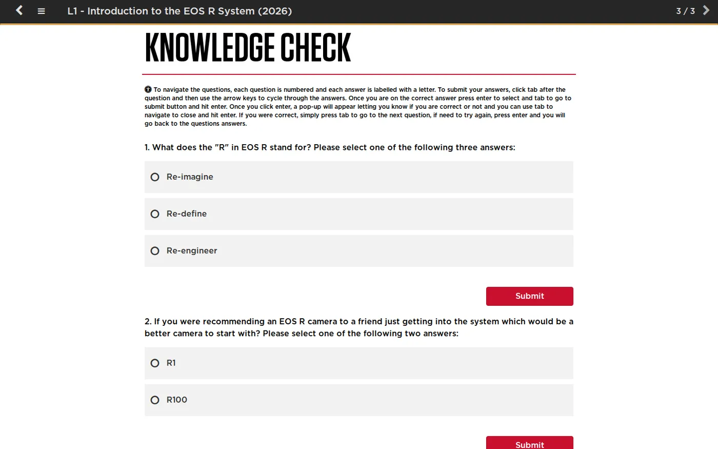 The knowledge check screen, with numbered multiple-choice questions about the EOS R System and a submit button for each