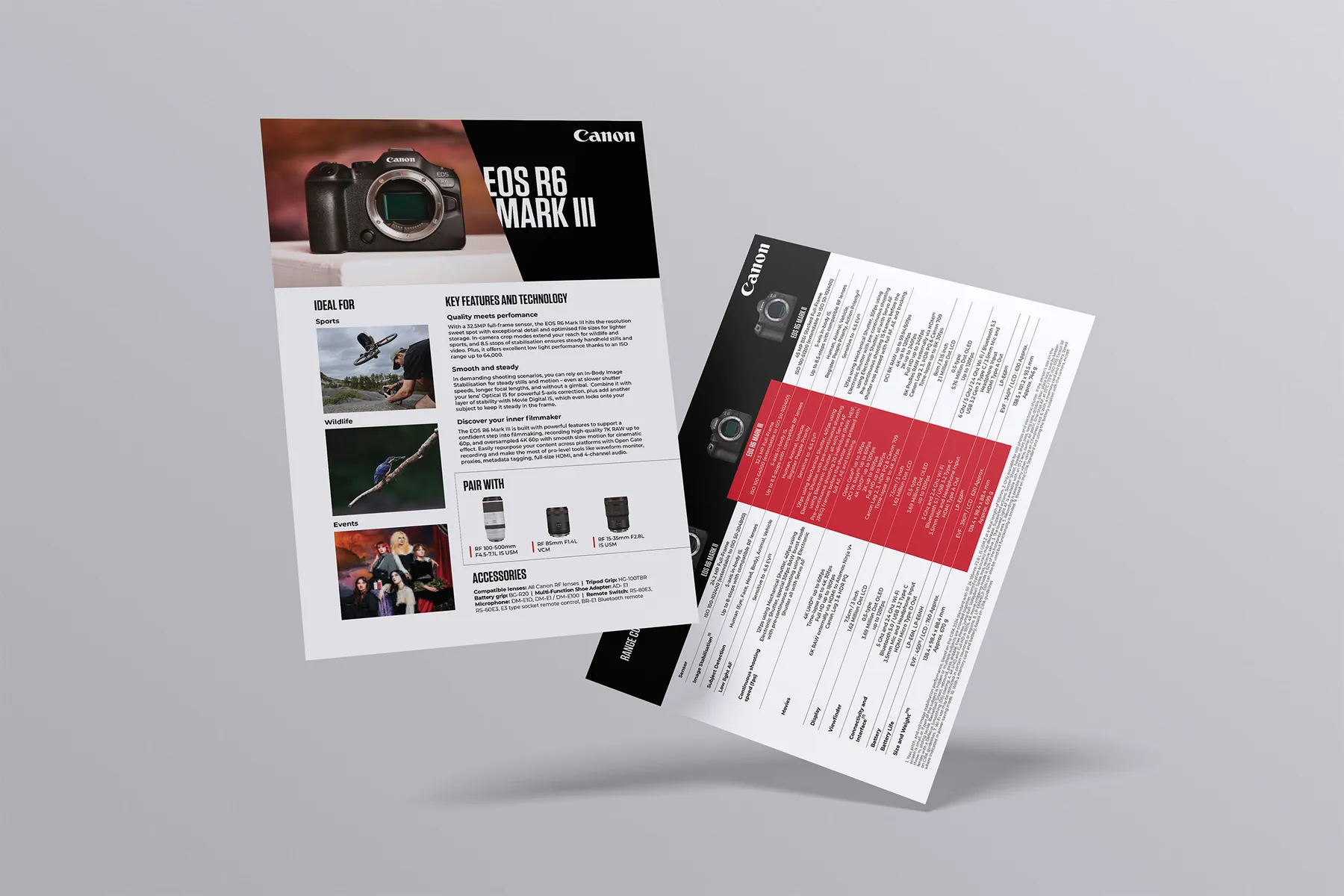 The EOS R6 Mark III one-pager, front and back, floating against a grey background. The front carries the camera, ideal-for photographs and a pair-with lens strip; the back is a range comparison table with the R6 Mark III column picked out in red
