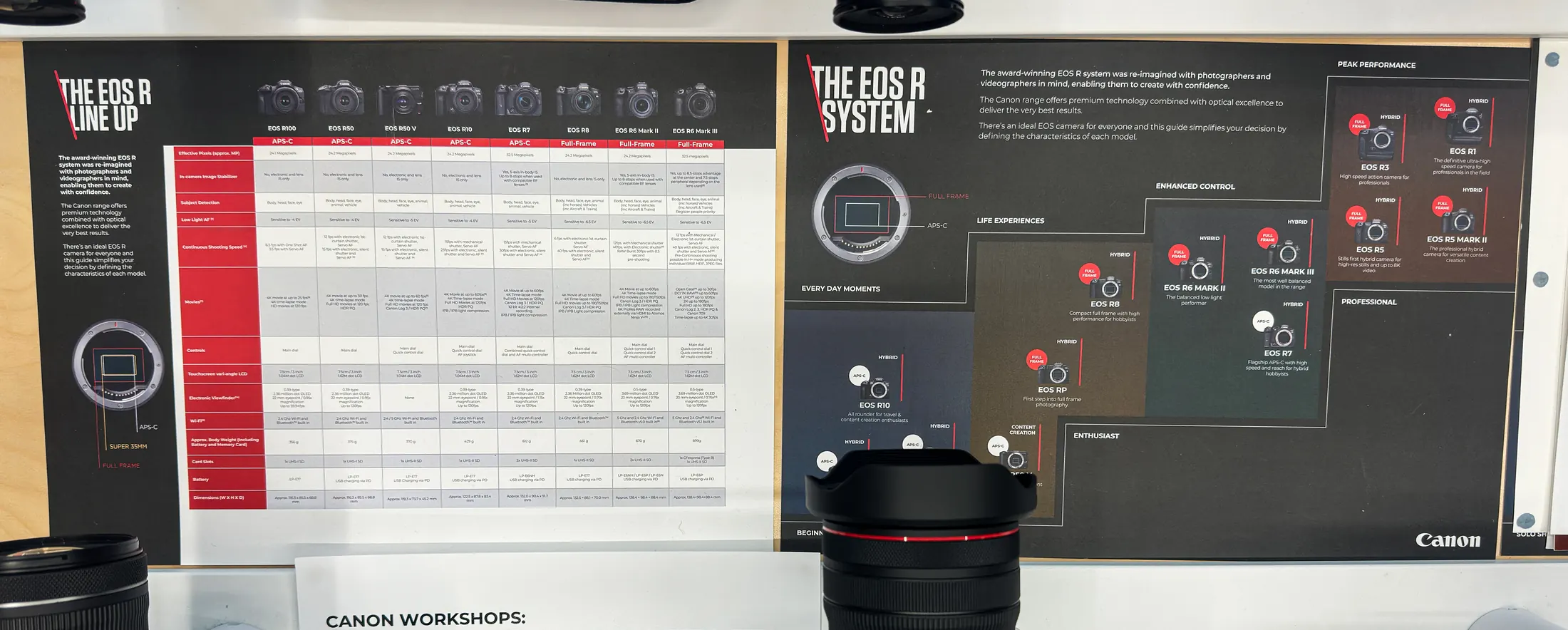 Both guides mounted side by side on a store counter, the EOS R Line Up specification matrix on the left and the EOS R System hierarchy on the right, with cameras and lenses on stands in front of them