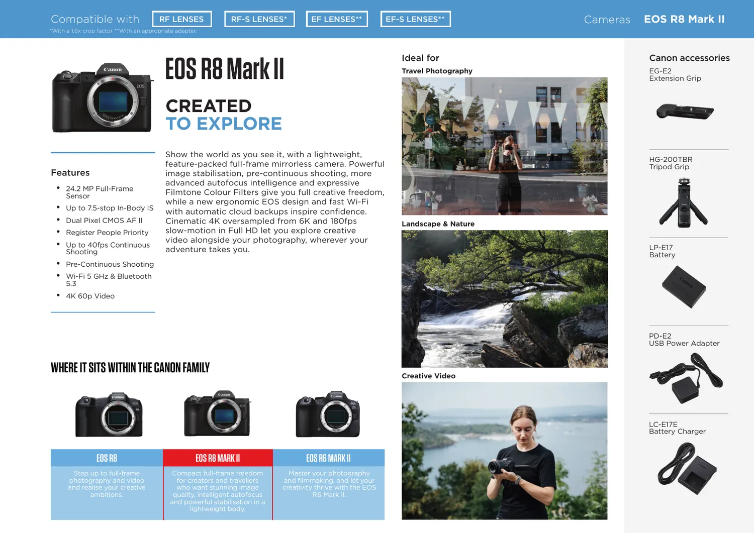 EOS R8 Mark II semi-permanent sheet, front: compatibility bar across the top, camera, feature list, Created to Explore headline, an ideal-for photo column and a Canon accessories sidebar