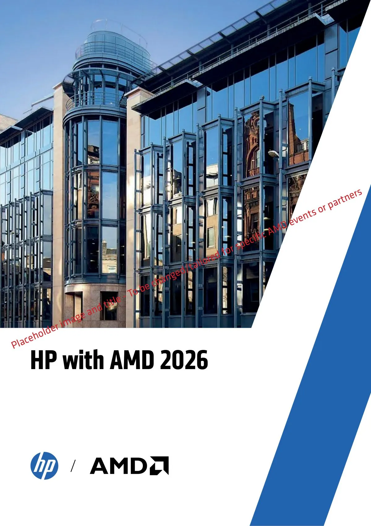 The global template cover, marked up in red with the note placeholder image and title, to be changed or updated for specific AMD events or partners