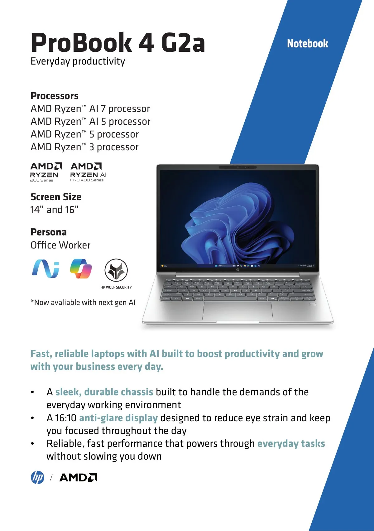 ProBook 4 G2a product page showing processors, screen size, persona and three feature points